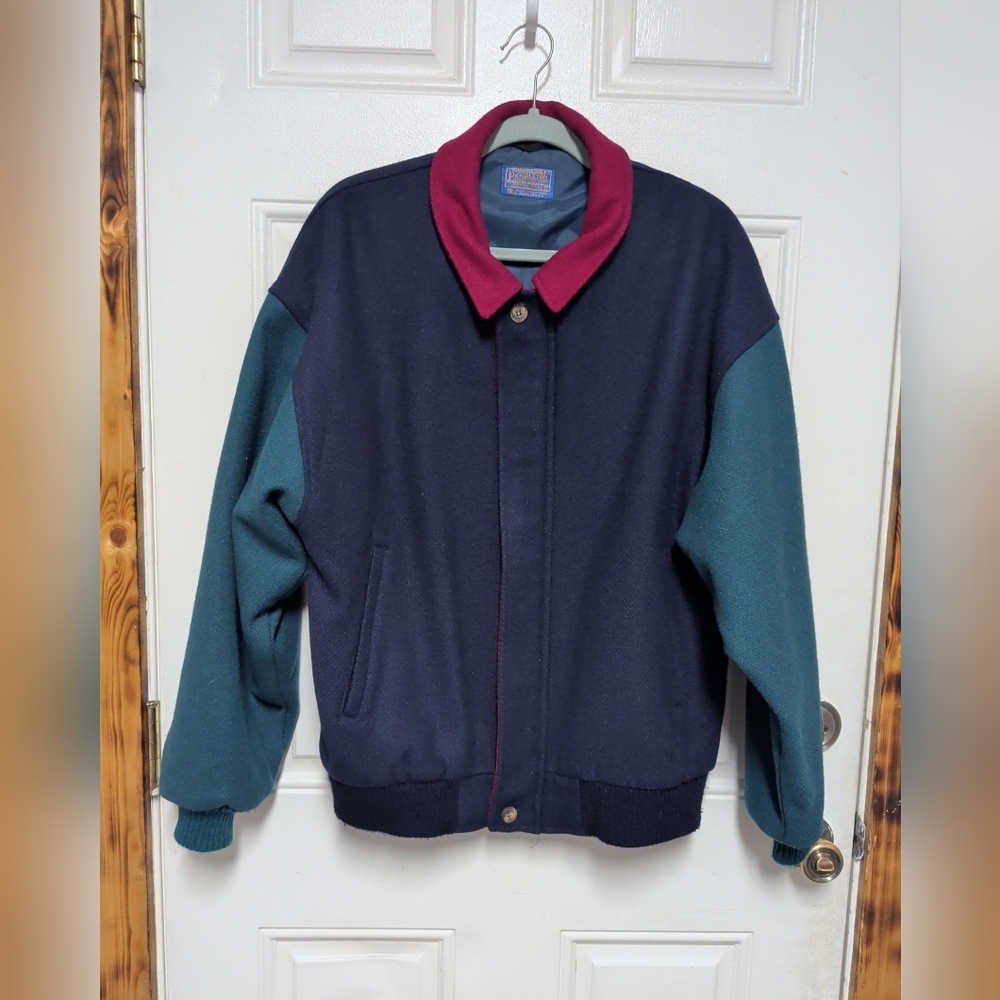 Vtg  Pendleton Jacket Mens Large Navy Green Red Wool Thinsulate Bomber Zip USA